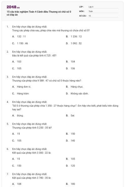 15 câu trắc nghiệm Toán 4 Cánh diều Thương có chữ số 0 có đáp án