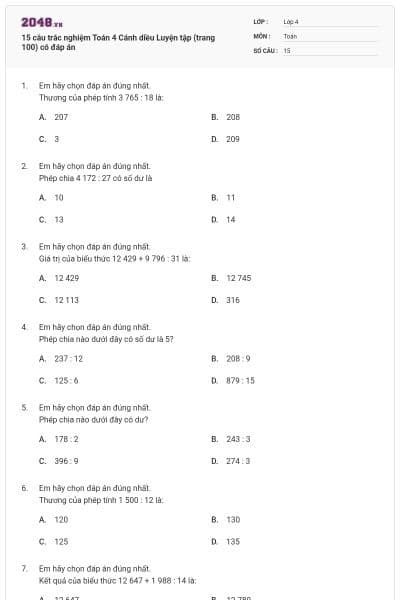15 câu trắc nghiệm Toán 4 Cánh diều Luyện tập (trang 100) có đáp án