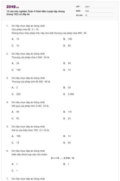 15 câu trắc nghiệm Toán 4 Cánh diều Luyện tập chung (trang 102) có đáp án