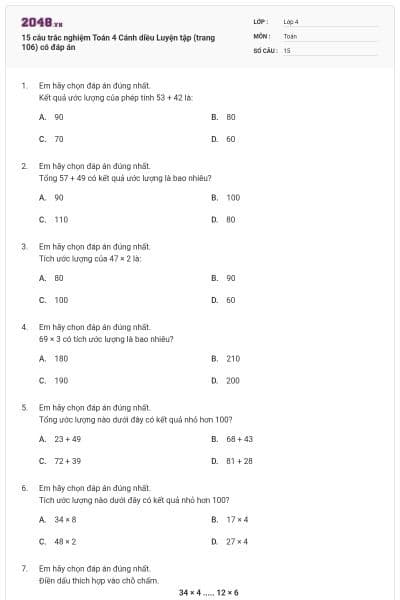 15 câu trắc nghiệm Toán 4 Cánh diều Luyện tập (trang 106) có đáp án