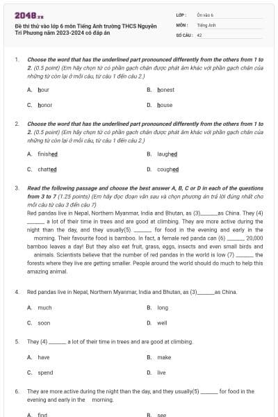 Đề thi thử vào lớp 6 môn Tiếng Anh trường THCS Nguyễn Tri Phương năm 2023-2024 có đáp án