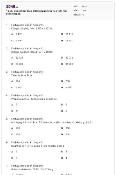 15 câu trắc nghiệm Toán 4 Cánh diều Em vui học Toán (Bài 51) có đáp án