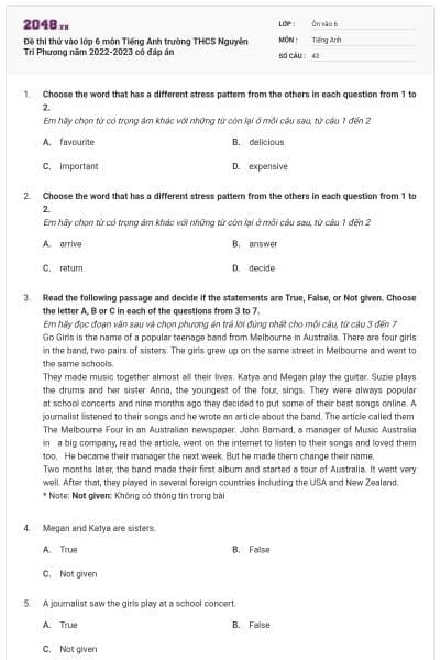 Đề thi thử vào lớp 6 môn Tiếng Anh trường THCS Nguyễn Tri Phương năm 2022-2023 có đáp án