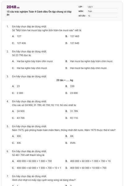 15 câu trắc nghiệm Toán 4 Cánh diều Ôn tập chung có đáp án