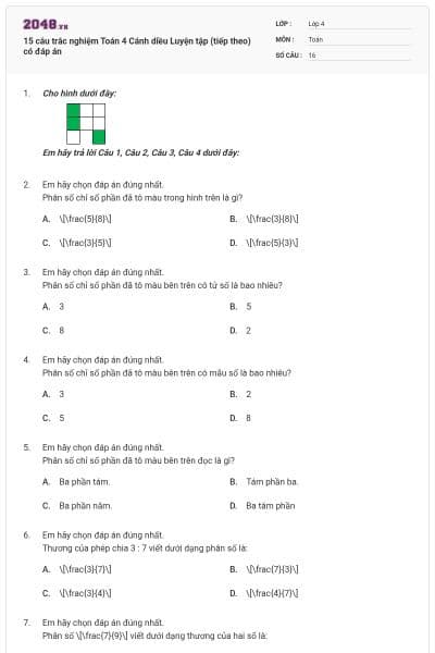 15 câu trắc nghiệm Toán 4 Cánh diều Luyện tập (tiếp theo) có đáp án
