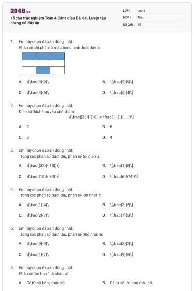 15 câu trắc nghiệm Toán 4 Cánh diều Bài 64. Luyện tập chung có đáp án