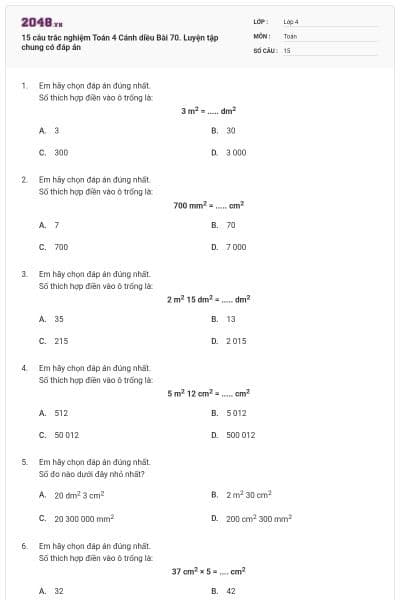 15 câu trắc nghiệm Toán 4 Cánh diều Bài 70. Luyện tập chung có đáp án