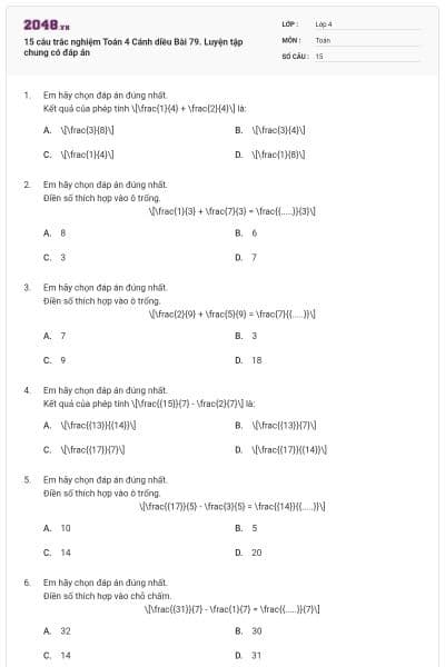 15 câu trắc nghiệm Toán 4 Cánh diều Bài 79. Luyện tập chung có đáp án