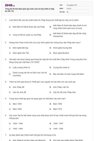 Tổng đề thi thử thpt quốc gia môn Lịch sử hay nhất có đáp án (đề 12)