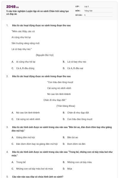 5 câu trắc nghiệm Luyện tập về so sánh Chân trời sáng tạo có đáp án