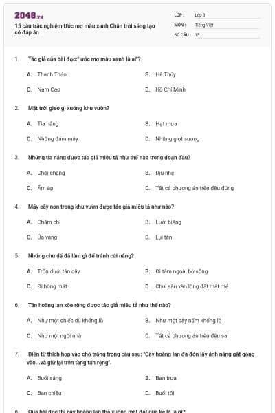 15 câu trắc nghiệm Ước mơ màu xanh Chân trời sáng tạo có đáp án