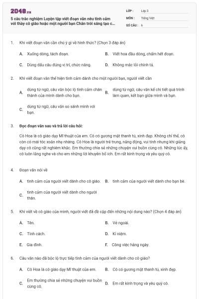 5 câu trắc nghiệm Luyện tập viết đoạn văn nêu tình cảm với thầy cô giáo hoặc một người bạn Chân trời sáng tạo có đáp án