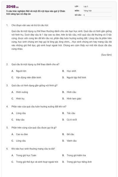 5 câu trắc nghiệm Nói về một đồ vật dựa vào gợi ý Chân trời sáng tạo có đáp án