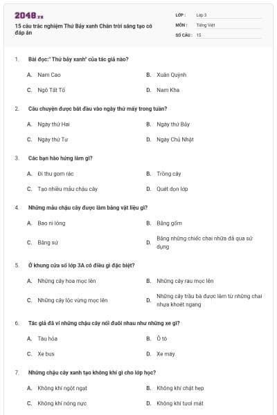 15 câu trắc nghiệm Thứ Bảy xanh Chân trời sáng tạo có đáp án