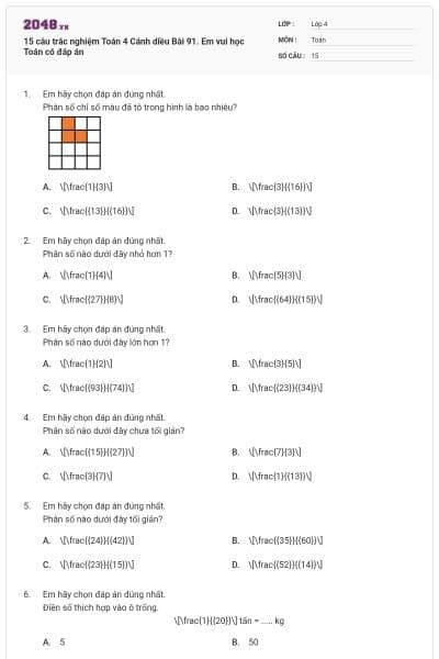 15 câu trắc nghiệm Toán 4 Cánh diều Bài 91. Em vui học Toán có đáp án