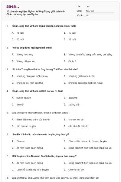 10 câu trắc nghiệm Nghe - kể Ông Trạng giỏi tính toán Chân trời sáng tạo có đáp án