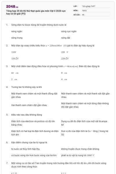 Tổng hợp 20 đề thi thử thpt quốc gia môn Vật lí 2020 cực hay có lời giải (P5)