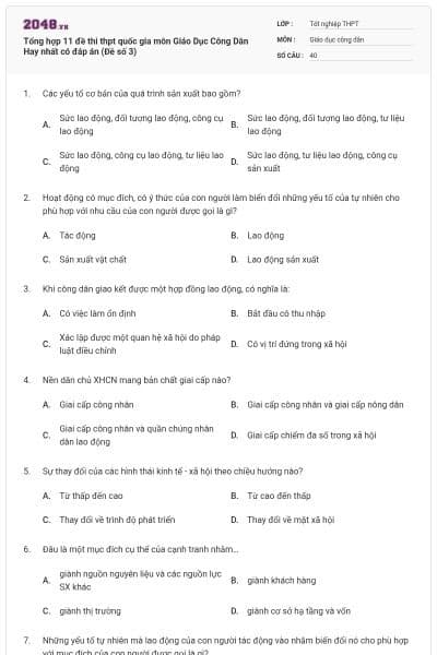 Tổng hợp 11 đề thi thpt quốc gia môn Giáo Dục Công Dân Hay nhất có đáp án (Đề số 3)