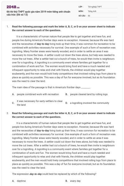 Đề thi thử THPT quốc gia năm 2019 môn tiếng anh chuẩn cấu trúc (Đề số 13)