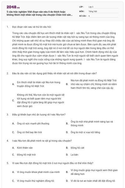 5 câu trắc nghiệm Viết đoạn văn nêu lí do thích hoặc không thích một nhân vật trong câu chuyện Chân trời sáng tạo có đáp án