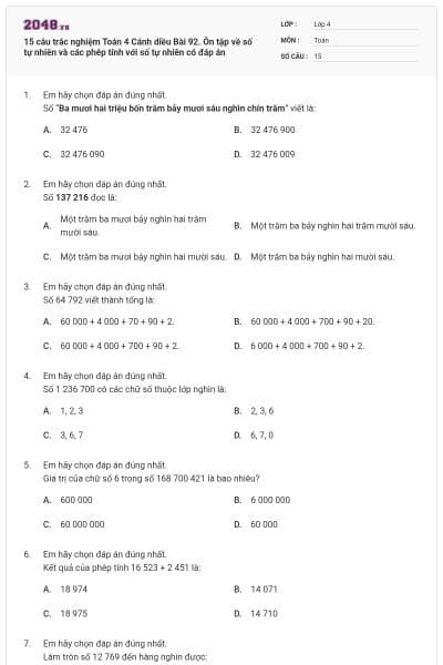 15 câu trắc nghiệm Toán 4 Cánh diều Bài 92. Ôn tập về số tự nhiên và các phép tính với số tự nhiên có đáp án