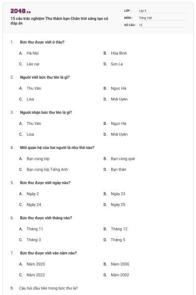 15 câu trắc nghiệm Thư thăm bạn Chân trời sáng tạo có đáp án