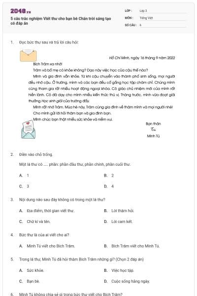 5 câu trắc nghiệm Viết thư cho bạn bè Chân trời sáng tạo có đáp án