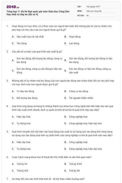 Tổng hợp 11 đề thi thpt quốc gia môn Giáo Dục Công Dân Hay nhất có đáp án (Đề số 4)