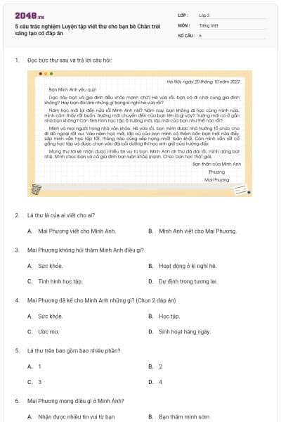 5 câu trắc nghiệm Luyện tập viết thư cho bạn bè Chân trời sáng tạo có đáp án