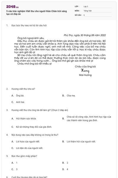 5 câu trắc nghiệm Viết thư cho người thân Chân trời sáng tạo có đáp án