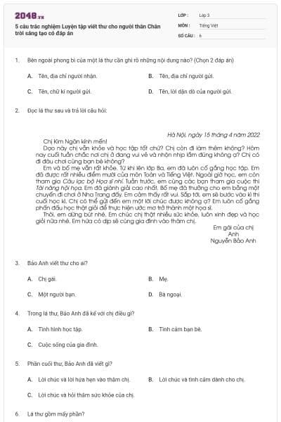 5 câu trắc nghiệm Luyện tập viết thư cho người thân Chân trời sáng tạo có đáp án