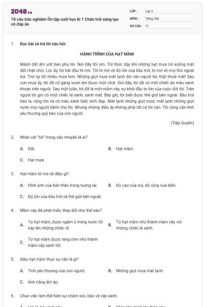 10 câu trắc nghiệm Ôn tập cuối học kì 1 Chân trời sáng tạo có đáp án