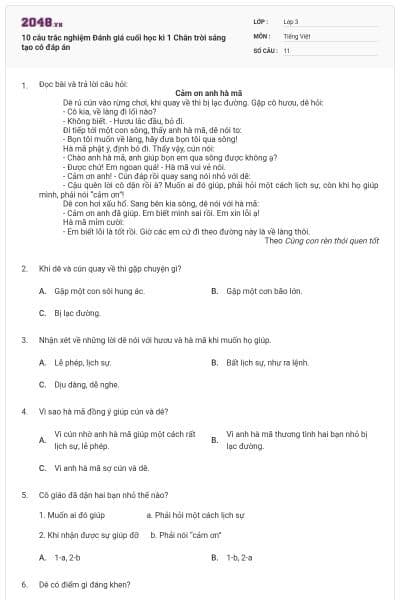 10 câu trắc nghiệm Đánh giá cuối học kì 1 Chân trời sáng tạo có đáp án
