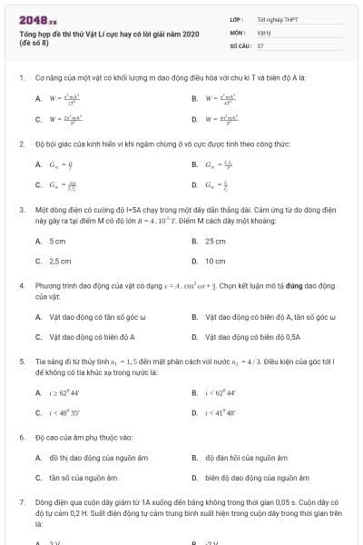 Tổng hợp đề thi thử Vật Lí cực hay có lời giải năm 2020 (đề số 8)