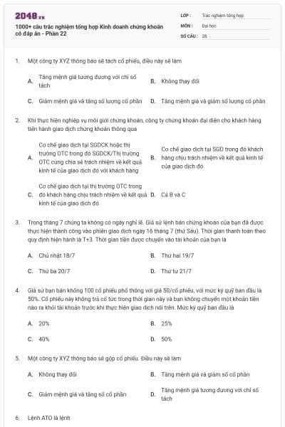 1000+ câu trắc nghiệm tổng hợp Kinh doanh chứng khoán có đáp án - Phần 22