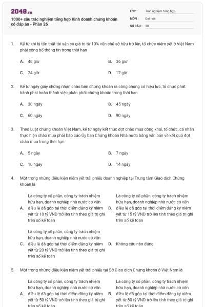 1000+ câu trắc nghiệm tổng hợp Kinh doanh chứng khoán có đáp án - Phần 26