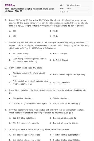 1000+ câu trắc nghiệm tổng hợp Kinh doanh chứng khoán có đáp án - Phần 27