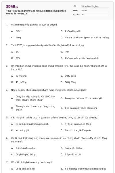 1000+ câu trắc nghiệm tổng hợp Kinh doanh chứng khoán có đáp án - Phần 28