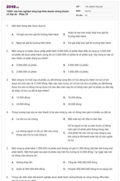 1000+ câu trắc nghiệm tổng hợp Kinh doanh chứng khoán có đáp án - Phần 29