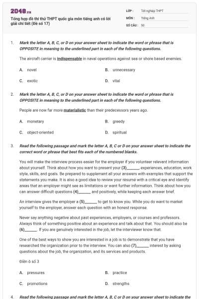 Tổng hợp đề thi thử THPT quốc gia môn tiếng anh có lời giải chi tiết (Đề số 17)
