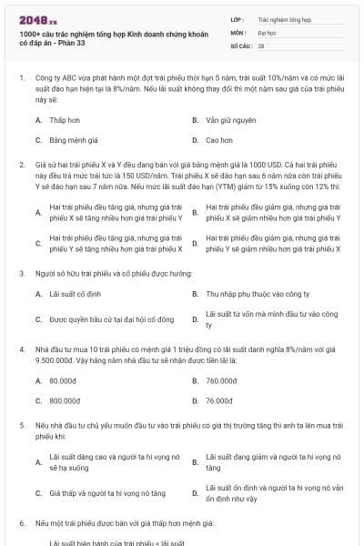 1000+ câu trắc nghiệm tổng hợp Kinh doanh chứng khoán có đáp án - Phần 33