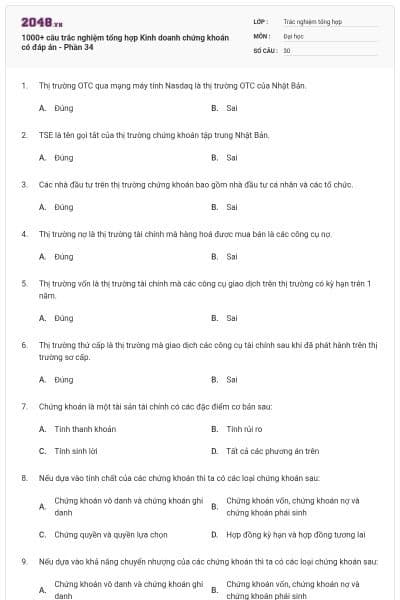 1000+ câu trắc nghiệm tổng hợp Kinh doanh chứng khoán có đáp án - Phần 34