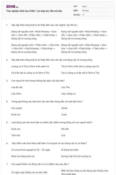 Trắc nghiệm Sinh học 8 Bài 1 (có đáp án): Bài mở đầu