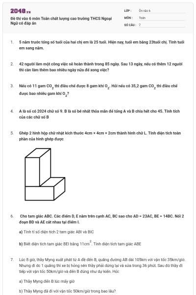 Đề thi vào 6 môn Toán chất lượng cao trường THCS Ngoại Ngữ có đáp án