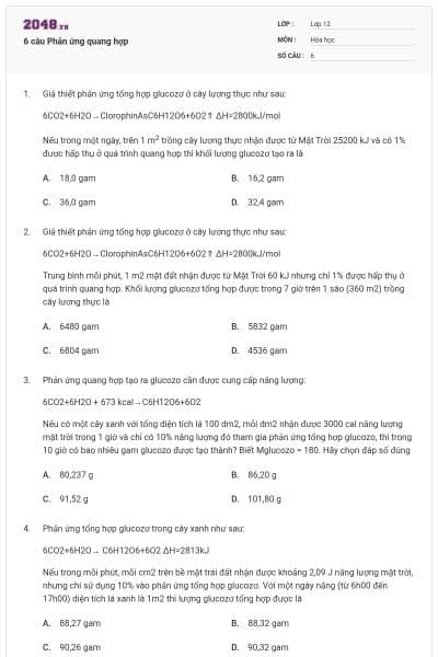 6 câu Phản ứng quang hợp