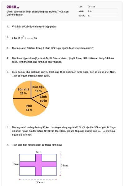 Đề thi vào 6 môn Toán chất lượng cao trường THCS Cầu Giấy có đáp án