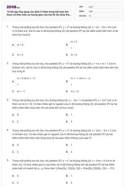 10 bài tập Ứng dụng của định lí Viète trong bài toán tìm tham số thỏa mãn sự tương giao của hai đồ thị chứa tham số có lời giải