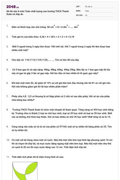 Đề thi vào 6 môn Toán chất lượng cao trường THCS Thanh Xuân có đáp án