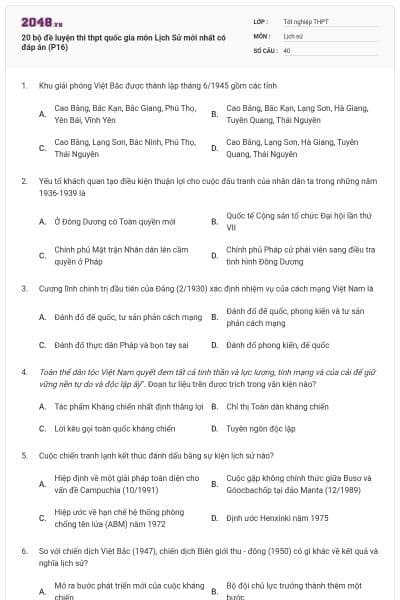 20 bộ đề luyện thi thpt quốc gia môn Lịch Sử mới nhất có đáp án (P16)