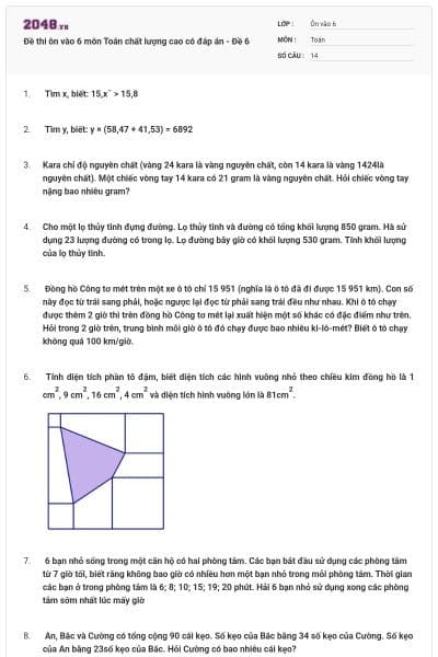 Đề thi ôn vào 6 môn Toán chất lượng cao có đáp án - Đề 6